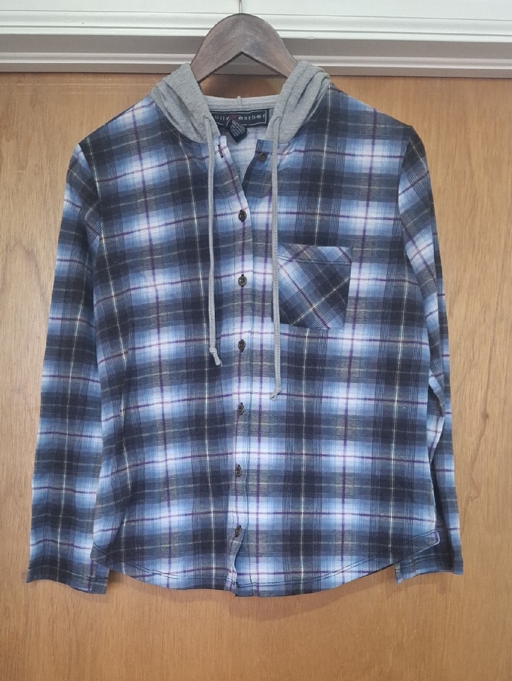 Polly & Esther Blue Plaid Button-Front Shirt with Gray Hood